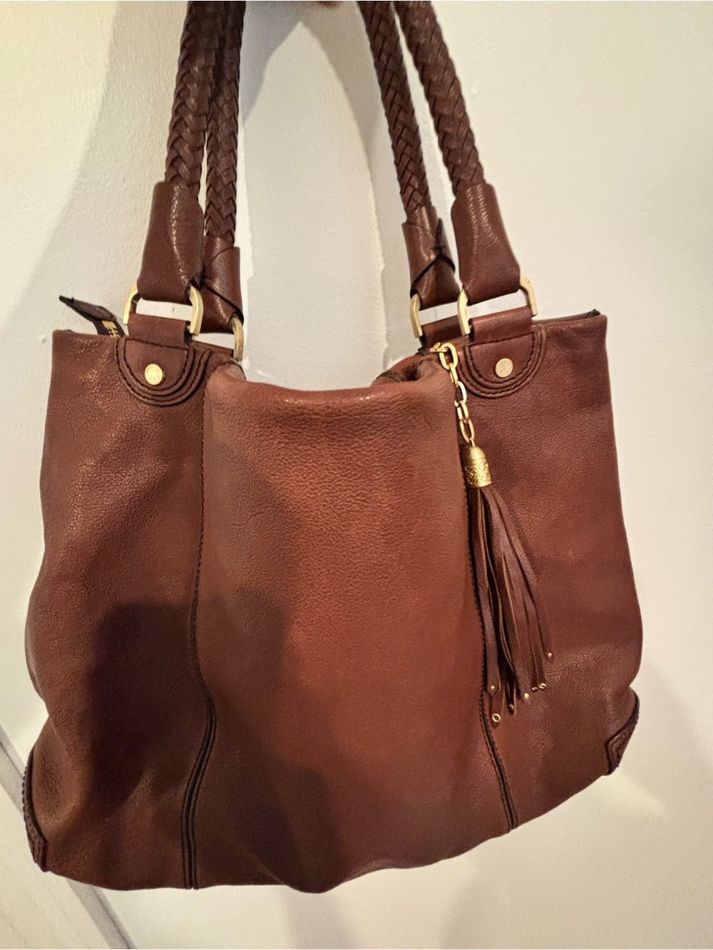 Cole Haan Brown Leather Braided-Handle Shoulder Bag with Tassel